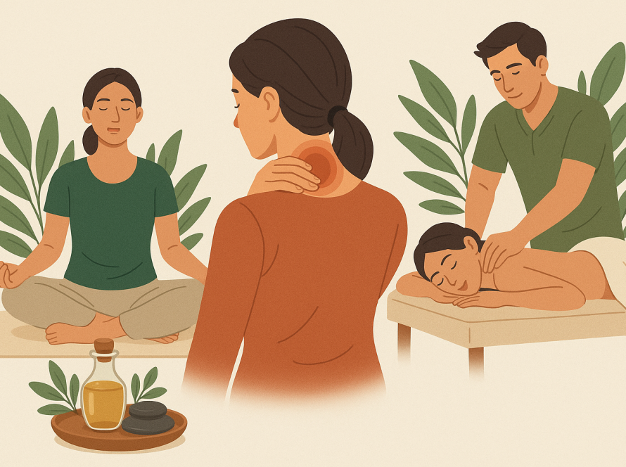 Natural therapies for cervical spondylosis and back pain relief including yoga, Ayurvedic massage, herbal remedies, and physiotherapy treatments promoting spine health and pain reduction.