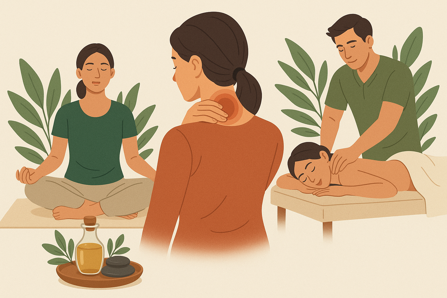 Natural therapies for cervical spondylosis and back pain relief including yoga, Ayurvedic massage, herbal remedies, and physiotherapy treatments promoting spine health and pain reduction.