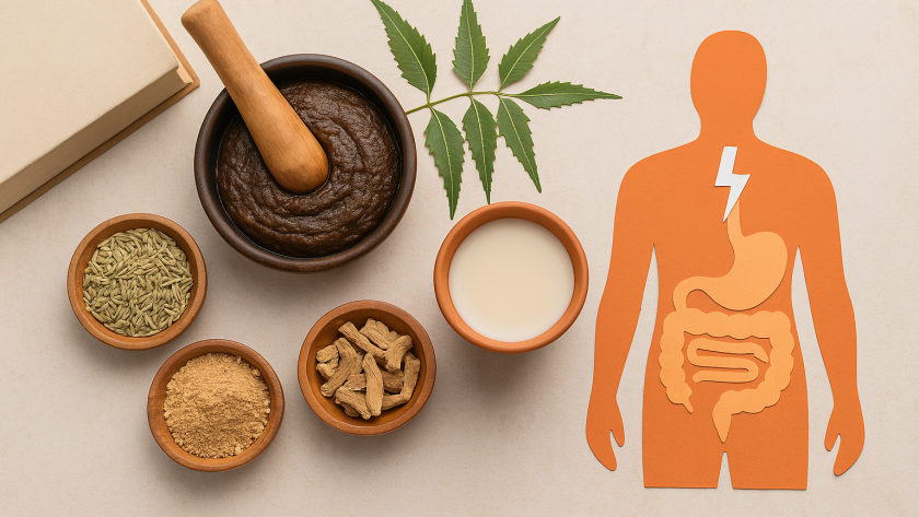 Flat lay of Ayurvedic digestive remedies including fennel seeds, dried roots, herbal paste, neem leaves, and a terracotta human figure showing the digestive system, set on a warm beige background.