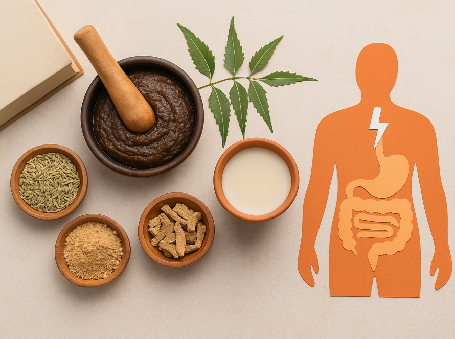 Flat lay of Ayurvedic digestive remedies including fennel seeds, dried roots, herbal paste, neem leaves, and a terracotta human figure showing the digestive system, set on a warm beige background.