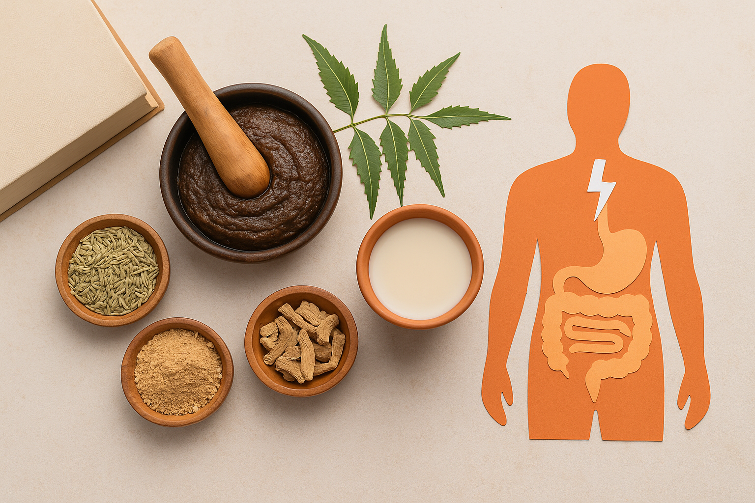 Flat lay of Ayurvedic digestive remedies including fennel seeds, dried roots, herbal paste, neem leaves, and a terracotta human figure showing the digestive system, set on a warm beige background.